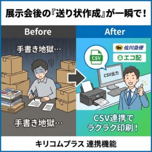 【キリコムプラス新機能】展示会後の「送り状作成」をゼロ秒に。佐川急便・エコ配対応のCSV生成機能が登場！